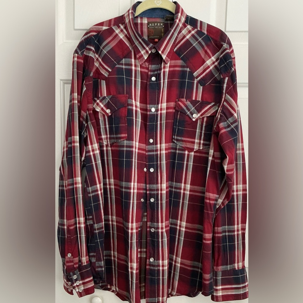 Roper Western Plaid Snap Shirt Men’s XL Red Navy White Long Sleeve